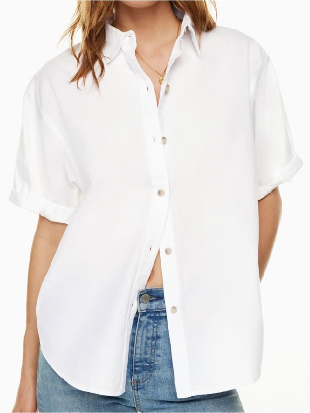 Aritzia Denim Forum White Short Sleeve Button-Down Shirt 2589
